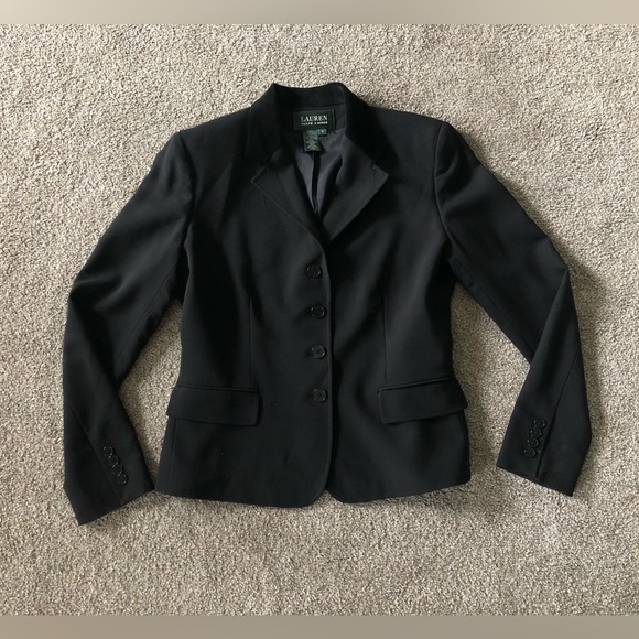 Lauren Ralph Lauren 100% Wool Blazer 6 Black Career Velvet Collar Logo Buttons - Picture 3 of 14